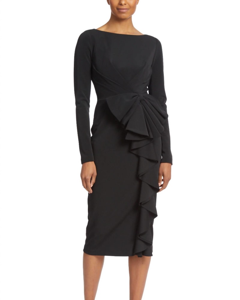 Front of a model wearing a size 10 Bow Ruffle Scuba Cocktail Dress In Black in Black by Badgley Mischka. | dia_product_style_image_id:346882